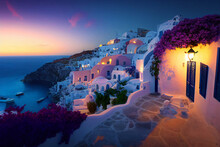 Beautiful Greek Island In The Evening With A Ancient Village, Mediterranean Sunset Landscape With Romantic Lights, Fictional Landscape Created With Generative Ai