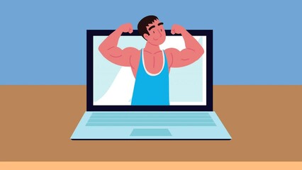 Poster - strong man in laptop animation