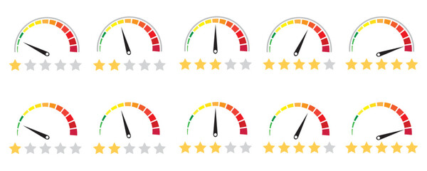 Speedometer, gauge meter icons with stars. Scales, level of performance.
Speed dial indicator. Green and red, low and high barometers, dashboard with arrows. Vector. Infographic of risk, gauge, score.