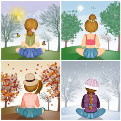 Canvas Print - sitting girl looks at the landscape in the four seasons