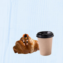 Contemporary Art Collage. Creative Design. Young Sleepy Woman Lying On Freshly Baked Croissant. Coffee Break