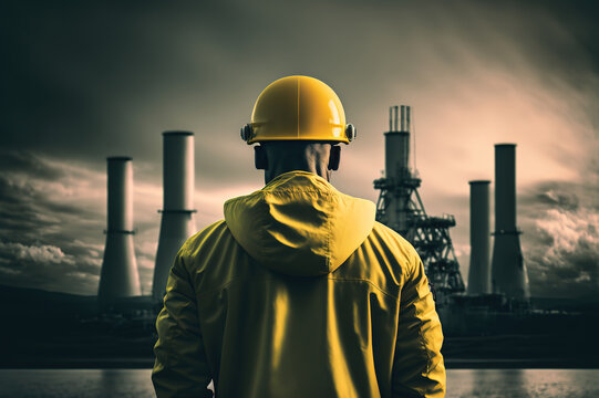 An engineer who wears with fully safety PPE is standing in front of the nuclear power plant or petrochemical power plant. Industrial working scene. Generative Ai image.