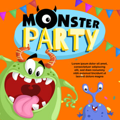 Wall Mural - Monster Party Banner Template with Funny Monsters. Happy Birthday Greeting or Invitation Design Template for Anniversary in Cartoon Style. Vector Illustration.