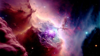 Fototapete - Large panoramic view of a colorful dark blue nebula in space. Cosmic background with bright shining stars, galaxies and deep universe. Generative ai