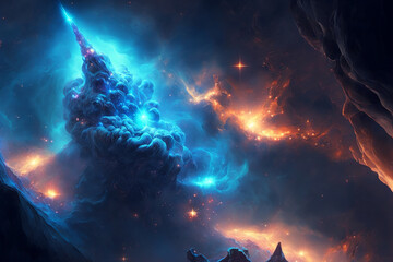 Fototapete - Large view of a colorful dark blue nebula in space. Cosmic background with bright shining stars, galaxies and deep universe. Generative ai