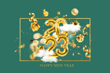 Wall Mural - Golden Metallic Balloons 2023 fly with golden gifts, confetti, disco ball, bunnies and clouds on a green background. Happy New Year 2023, a creative idea. Golden New Year luxury card