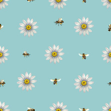 Seamless Pattern With Daisies And Bees. Watercolor Illustration. For Textiles, Wrapping Paper And Banners, Postcards