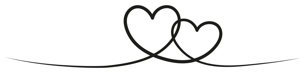 Poster - Two hearts continuous one line art. Double heart wavy sketch line. Vector hand drawn illustration isolated on white.