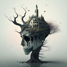A Surrealist Illustration Of An Abandoned Mansion Over A Skull Encrusted In An Old Tree. Birds Flying, White Background