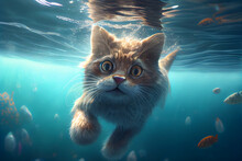 A Lovely Cat Is Swimming In The Ocean. Generative AI.