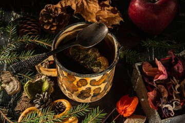 Wall Mural - Still life- medicinal tea is a forest medicine from the polypore mushroom. Dark background- photo clipart