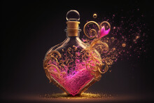 Love Philter. Heart-shaped Glass Potion Bottle With Gold Ornaments, Filled With Pink Dust, Isolated. For Valentine's Day Or Wedding. Generative Ai.