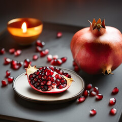 pomegranate on a plate in luxurious cozy setting