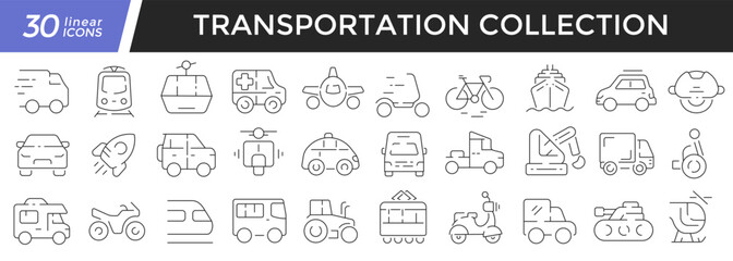 Poster - Transportation linear icons set. Collection of 30 icons in black