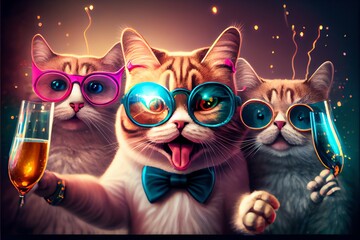  Funny smiling friends cats celebrating at festival event with glasses of champagne. Generative AI