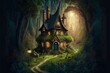 Leinwandbild Motiv Fairy tale fantasy forest wiht green grass and little cottage house in the woods with tall trees, illustration. Generative Ai.