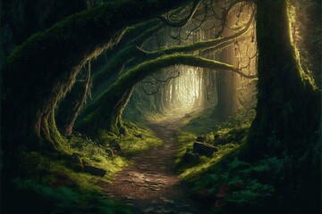 Wall Mural - Fairy tale image with fairy forest, tall trees and green grass,  and a mysterious path, Generative Ai.