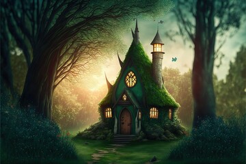 Wall Mural - Fairy tale fantasy forest wiht green grass and little cottage house in the woods with tall trees, illustration. Generative Ai.