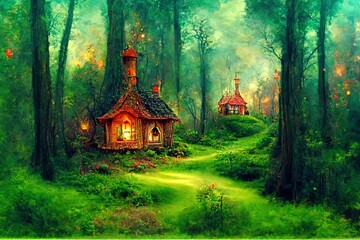 Wall Mural - Fairy tale fantasy forest wiht green grass and little cottage house in the woods with tall trees, illustration. Generative Ai.