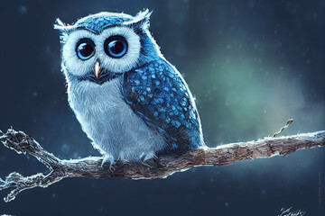 Fantasy blue owl sitting on a branch. Digital background.