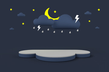 Wall Mural - Cloud-shaped podium with rain and thunder on the sky at night for baby and kid. 3D rendering.