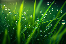 Green Stalks Grass With Drops Of Morning Dew. Dew Drops On A Grass In The Morning Or Late Night, Generative AI. Green Grass With Dew Background With Copy Space For Postcards Or Banner.