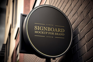 Wall Mural - Blank round black signboard on the wall outdoor, mock up for logo design, brand presentation for companies, shops.