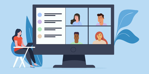 Aufkleber - Concept with online webinar. People online meeting in a flat design
