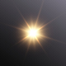 The Effect Of Bright Sunlight. Twinkling Gold Star On A Transparent Background.Bright Light Effect.