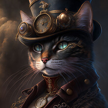 Steampunk Portrait Of A Cat. Created With Generative AI. Midjourney Illustration