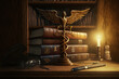 Stylized-looking caduceus, symbol of medicine, placed on a richly ornamented desk and surrounded by medical books. Conjure up the unspeakable charm and humanity of times past.