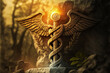 Magnificent landscape at sunset composed of mountains and rocks. Stylized caduceus, timeless and universal symbol of medicine, which inspires power and invincibility.