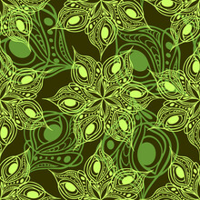Seamless Pattern Of Abstract Olive Green Graphic Elements On A Green Background, Texture, Design
