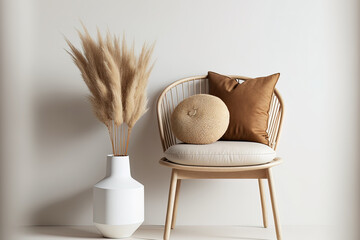 Canvas Print - minimalist Japandi style living room interior wall mockup with caned chair, beige cushion, and dried pampas grass in ceramic vase on blank, warm white backdrop. Generative AI