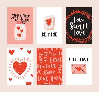 Set of 6 cute ready-to-use gift romantic postcards. Gifts, hearts, cups and hand drawn lettering. Vector printable collection of Valentine's Day doodle card, invitation, poster