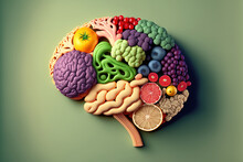 Human Brain Made Of Fruits And Vegetables Created Using Generative AI Technology. Concept Of Nutritious Foods For Brain Health And Memory.