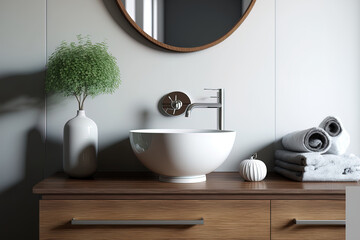 Canvas Print - a towel, a spherical mirror, and a bathroom sink up close. There is a wooden ornamental component. Modern luxury interior design idea. a mockup. Generative AI