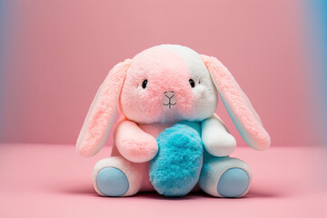 Canvas Print - Bunny plush on a pink backdrop. Concept of Easter. A cute toy rabbit is seated against a colourful backdrop. Generative AI