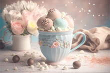 Floral Vintage Mug Full Of Hot Chocolate On The Coffee Table, Pastel Macrons