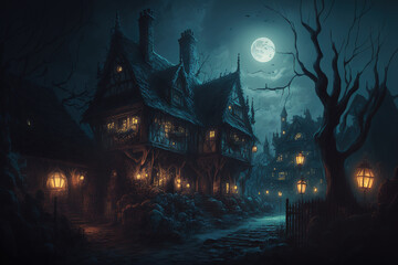 Wall Mural - Dark fantasy village at night, spooky night scenery, moonlight, digital painting.