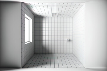 Wall Mural - Illustration of a bathroom or toilet room that is vacant and has a white tile floor that is brand new and spotless. The grid lines are symmetrical, and the space is seen from above. Generative AI