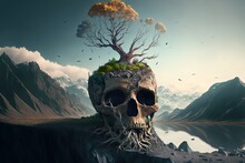 Surreal Landscape A Giant Skull With Tree And Plant Grow From Top In Middle Of Nature Background