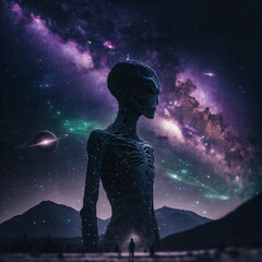 Wall Mural - extraterrestrial life alien. galaxy at night sky. designed using generative ai