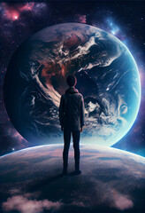 Poster - Human looking in infinity space galaxy. Earth background. 