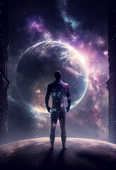 Poster - Human looking in infinity space galaxy. Earth background. 