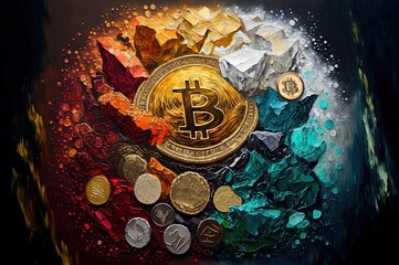 illustration of ancient artifact theme cryptocurrency coins abstract background , Bitcoin