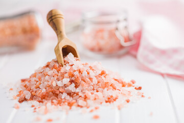 Wall Mural - Pink himalayan salt on kitchen table.