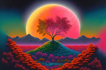 Wall Mural -  a painting of a tree on top of a hill with a sunset in the background and mountains in the foreground, with a red moon in the sky, and a pink and blue sky. Generative AI