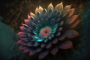  a colorful flower with a black background and a blue center surrounded by red and green leaves and a yellow center surrounded by gold flecks and sparkles on a bl Generative AI