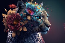  A Painting Of A Cat With Flowers On Its Head And A Blue Background With A Black Background And A Red Flower On Its Head And A Blue Background With A Black Generative AI